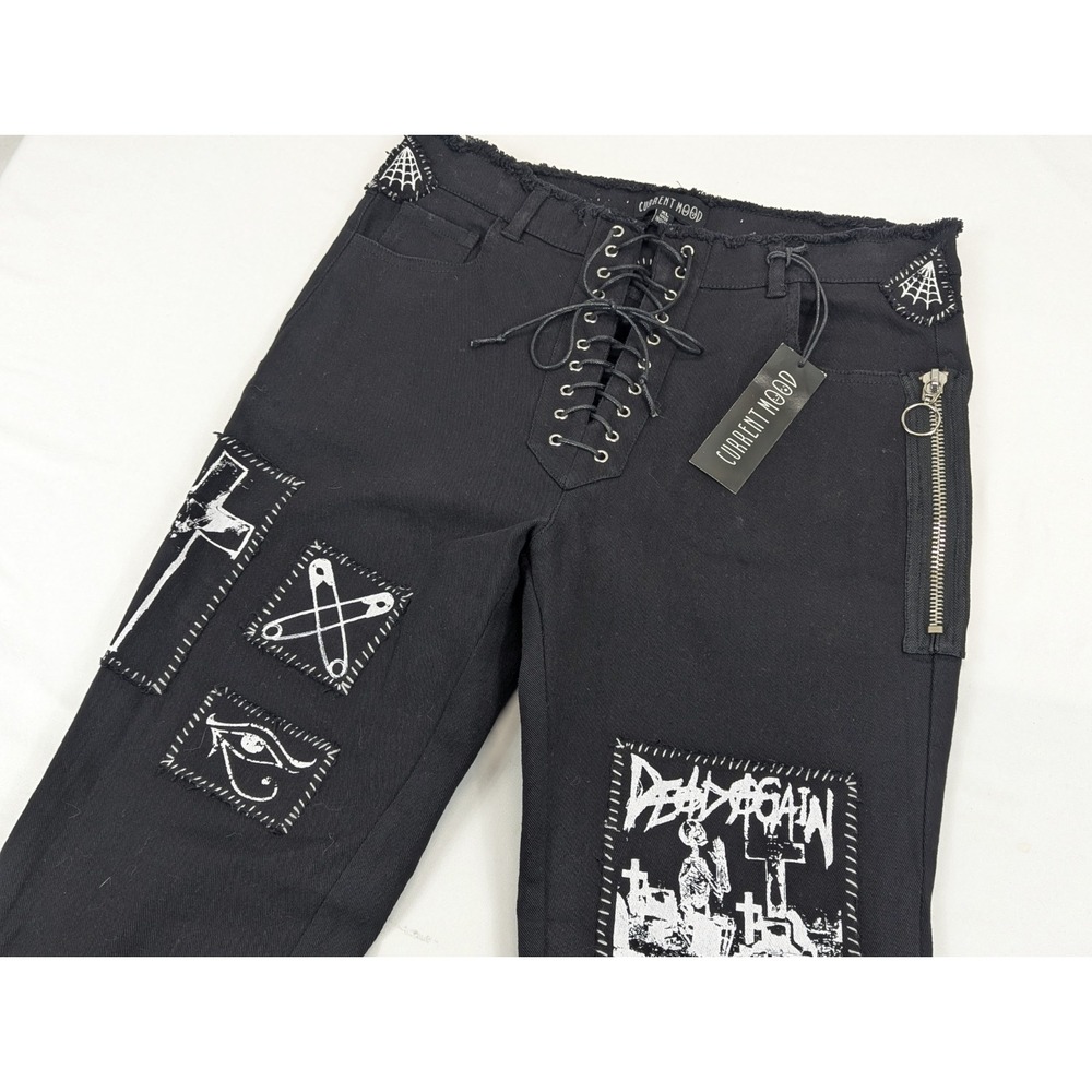 Current Mood Black Lace Up Patchwork Punk Pants Frayed Waist Dead Again 30x28
